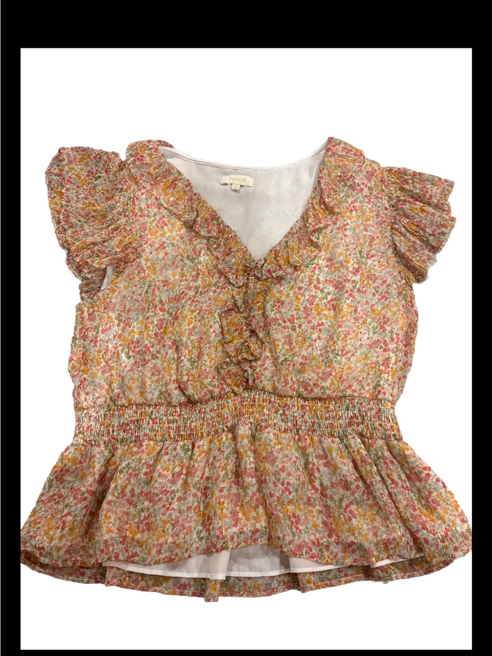 Parker Pink & Yellow Floral Ruffle V-Neck Blouse size Large NEW